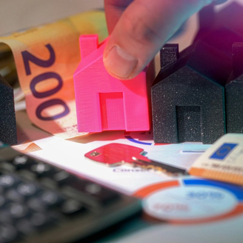 maisons miniatures roses et noires avec billets et calculatrice pour investissement locatif