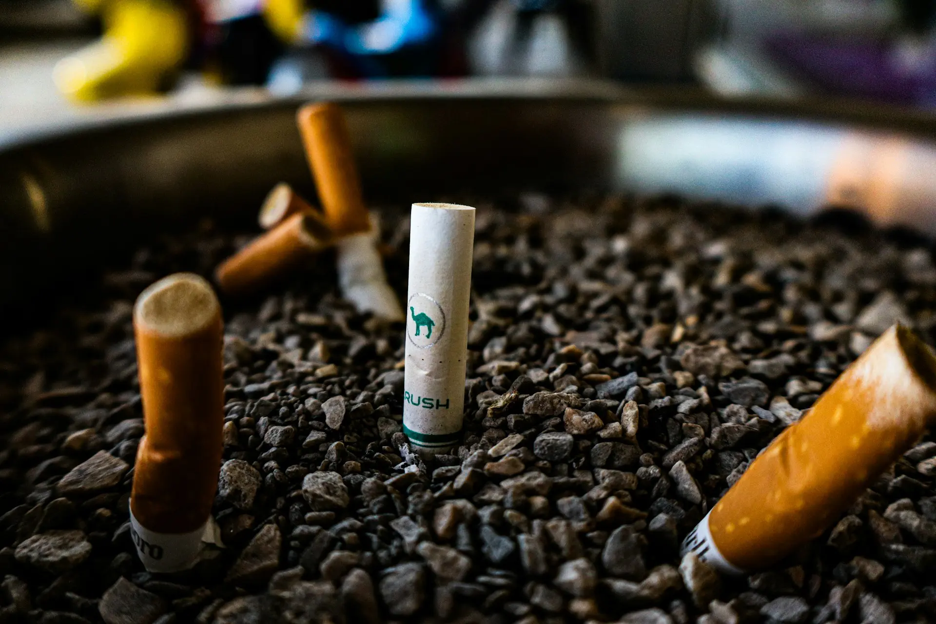 cigarettes écrasées sur des cailloux, dont une marquée "RUSH" au centre