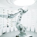 white robotic arm in display showroom