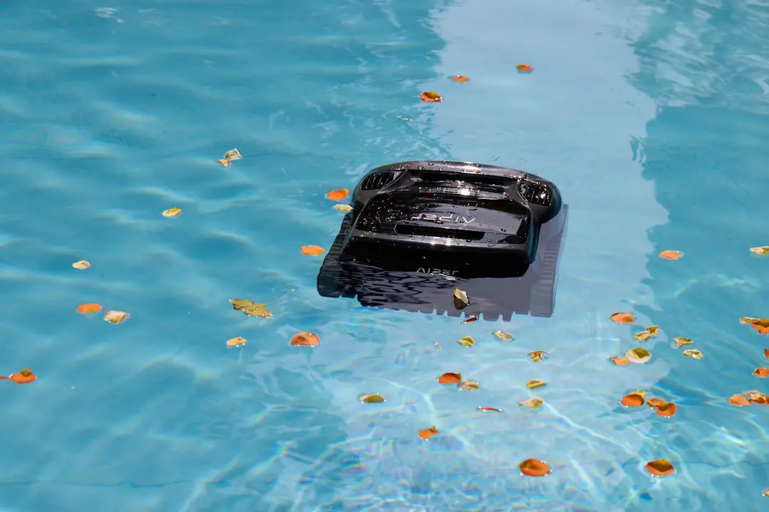 A black object floats in a blue pool with leaves